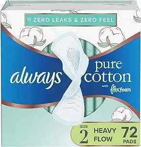 Always Pure Cotton Feminine Pads for Women, Size 2, Heavy Flow, with Wings, Unscented, 24 ct