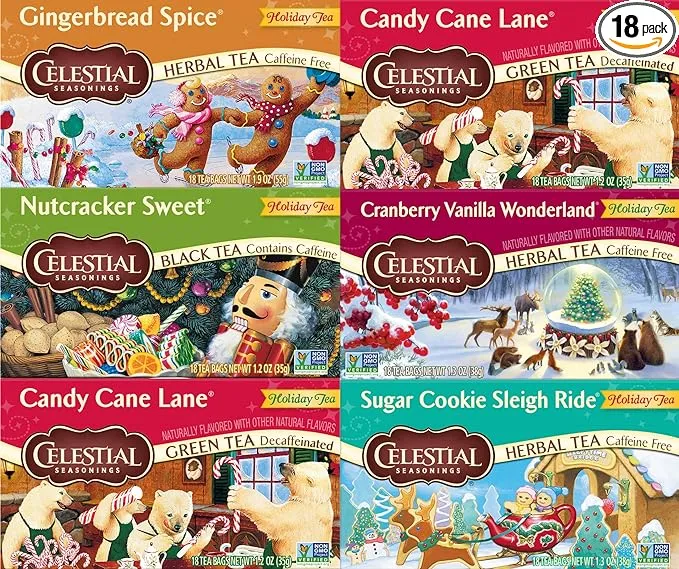 Celestial Seasonings Holiday Tea Sampler Herbal Variety Pack, Caffeine Free, 18 Tea Bags Box, (Pack of 6)