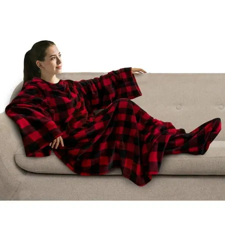 PAVILIA Fleece Blanket with Sleeves and Foot Pockets