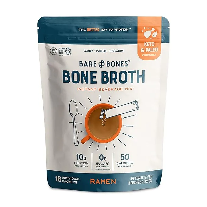 Bare Bones Bone Broth Instant Powdered Mix, Ramen, Pack of 16, 15g Sticks, 10g Protein, Keto & Paleo Friendly Bone Broth Packets