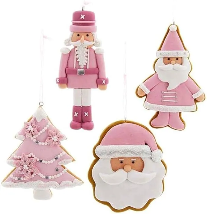 Kurt S. Adler 4.5" Set of 4 Pink and White Claydough Cookie Ornaments Santa, Nutcracker, Christmas Tree, Santa Head Design with Glitter Holiday Decoration T2876Kurt S. Adler 4.5" Set of 4 Pink and White Claydough Cookie Ornaments Santa, Nutcracker, Chris