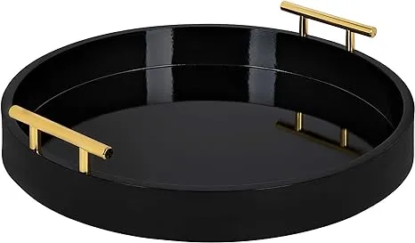 Kate and Laurel Lipton Round Decorative Tray with Metal Handles - Black - 15.5" Diameter