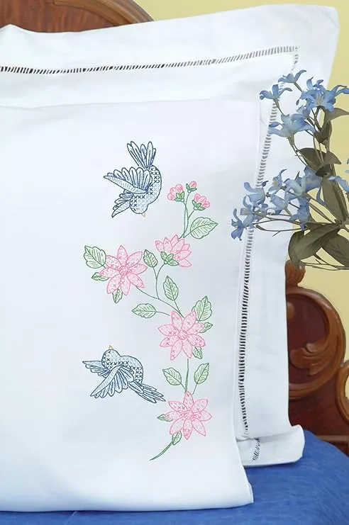 Birds Stamped Pillowcases with White Perle Edge