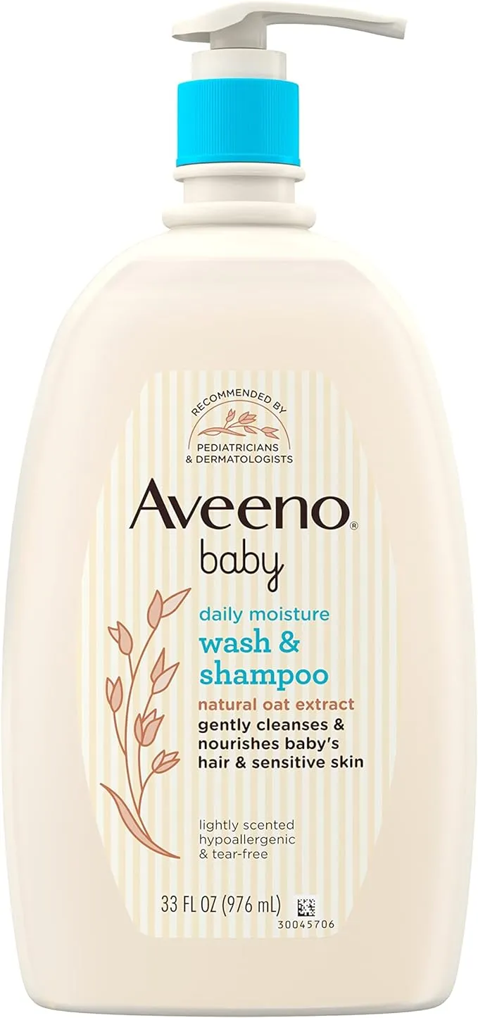 Aveeno Baby Daily Moisture Gentle Bath Wash & Shampoo with Natural Oat Extract, Hypoallergenic, Tear-Free & Paraben-Free Formula for Sensitive Hair & Skin, Lightly Scented, 33 fl. oz