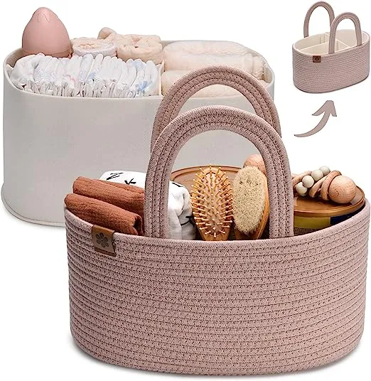 PeraBella Baby Diaper Caddy Organizer Girl, Nursery Storage Rope Baby Basket, Changing Table Organizer, Car Caddy Bag, Baby Boy Shower Gifts, Newborn Essentials Baby Registry Search Nursery Must Haves