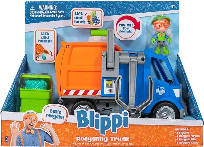 Blippi BLP0035 Truck with Working Lever and Classic Figure Inside, Sing Along Catchphrases-Educational Toys Encouraging Kids to Reduce, Reuse and Recycle, Blue