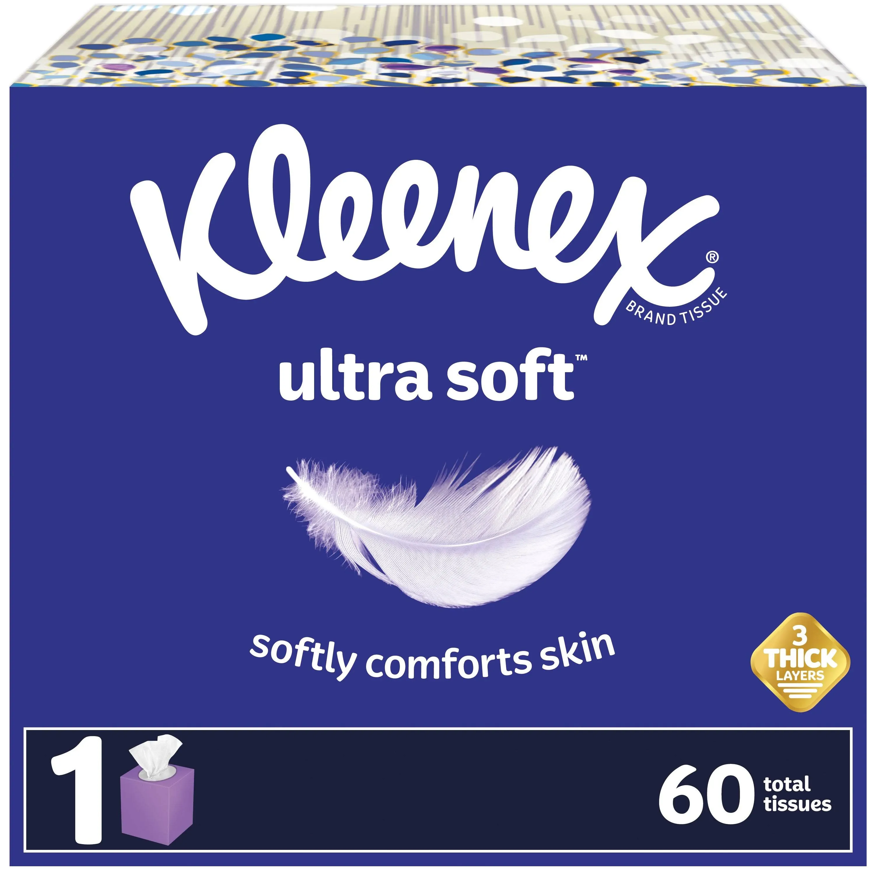 Ultra Soft Facial Tissues, 1 Cube Box, 60 Tissues per Box, 3-Ply, Packaging M...