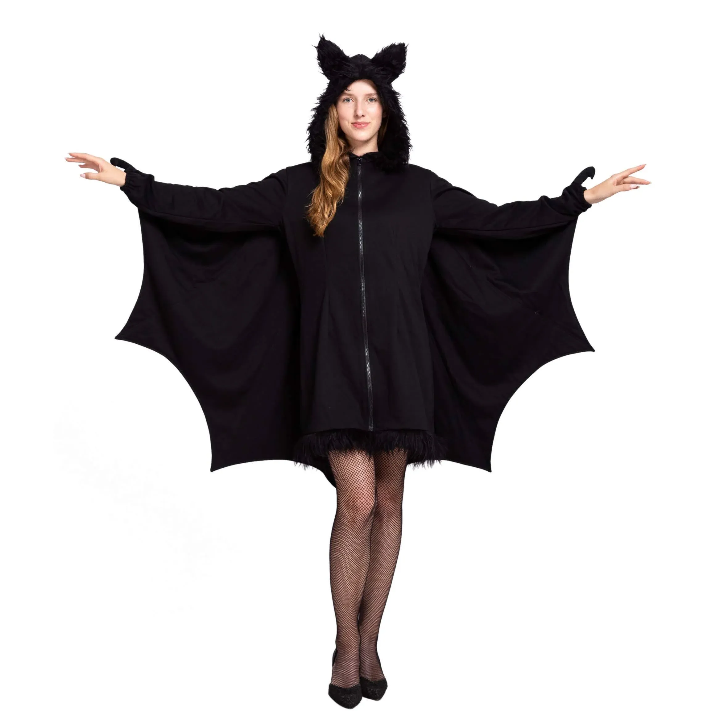 Cosplay Womans Black Bat Zip Hoodie Halloween Costumes for Adult, Dress, Large