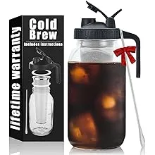 Cold Brew Mason Coffee Maker - 64oz Iced Coffee Pitcher with Stainless Steel Mixing Spoon & Super Dense Filter 3 Steps Finish Cold Brew Coffee, Classic BPA Free Sturdy Mason jar Pitcher Easy to Clean