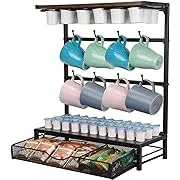 TQVAI Coffee Pods Drawer with Mug Hooks, 50 Capacity Coffee Pod Holder, Coffee Station Organizer for K Cups, Tea Bags, Espresso Capsule Coffee Creamer, Black/Archaize