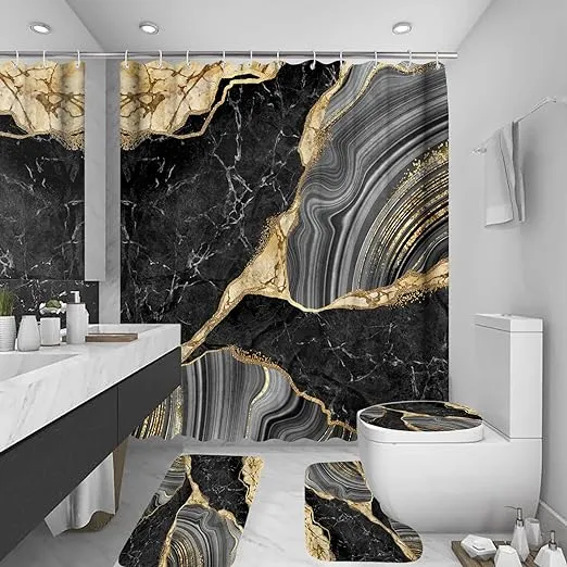 beifivcl 4Pcs Marble Shower Curtain Sets with 12 Hooks, Luxury Bathroom Decor Sets - Curtain, Toilet Lid Rug and Non-Slip U Shape Bath Mat Accessories Marble Print, 72 x 72 Inch, Navy Blue