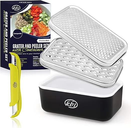 Cheese Grater with Container and Lid & Peeler Set - Vegetable Fruit Multi-Function Stainless Steel Kitchen Utensil Kit with Black Food Plastic Storage Stable Box - Hand Chopper Graters & Peelers