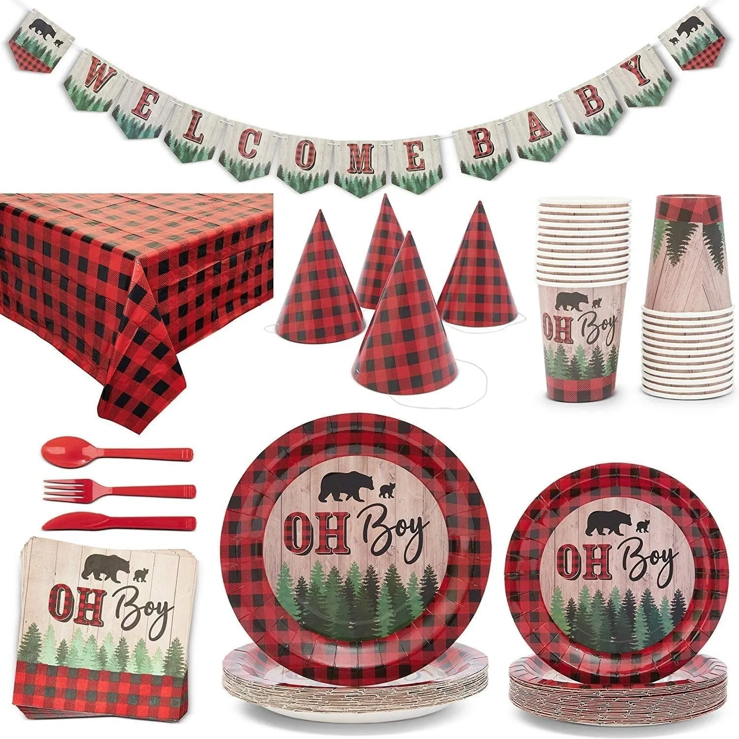 Serves 24 Oh Boy Lumberjack Buffalo Plaid Baby Shower Party Supplies Decorations