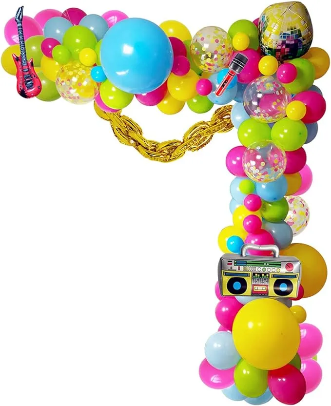 Back to 90S 80S Theme Party Balloons Backdrop Decorations， Party Supplies Foil Balloon Radio Guitar Microphone Disco Ball Colorful Balloons for Back to 90S 80S Party for Birthday Decorations