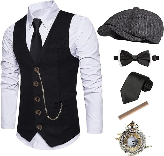 EFORLED 1920s Mens Costume Fedora Hat,Gatsby Gangster Vest,Vintage Pocket Watch,Pre Tied Bow Tie,Tie