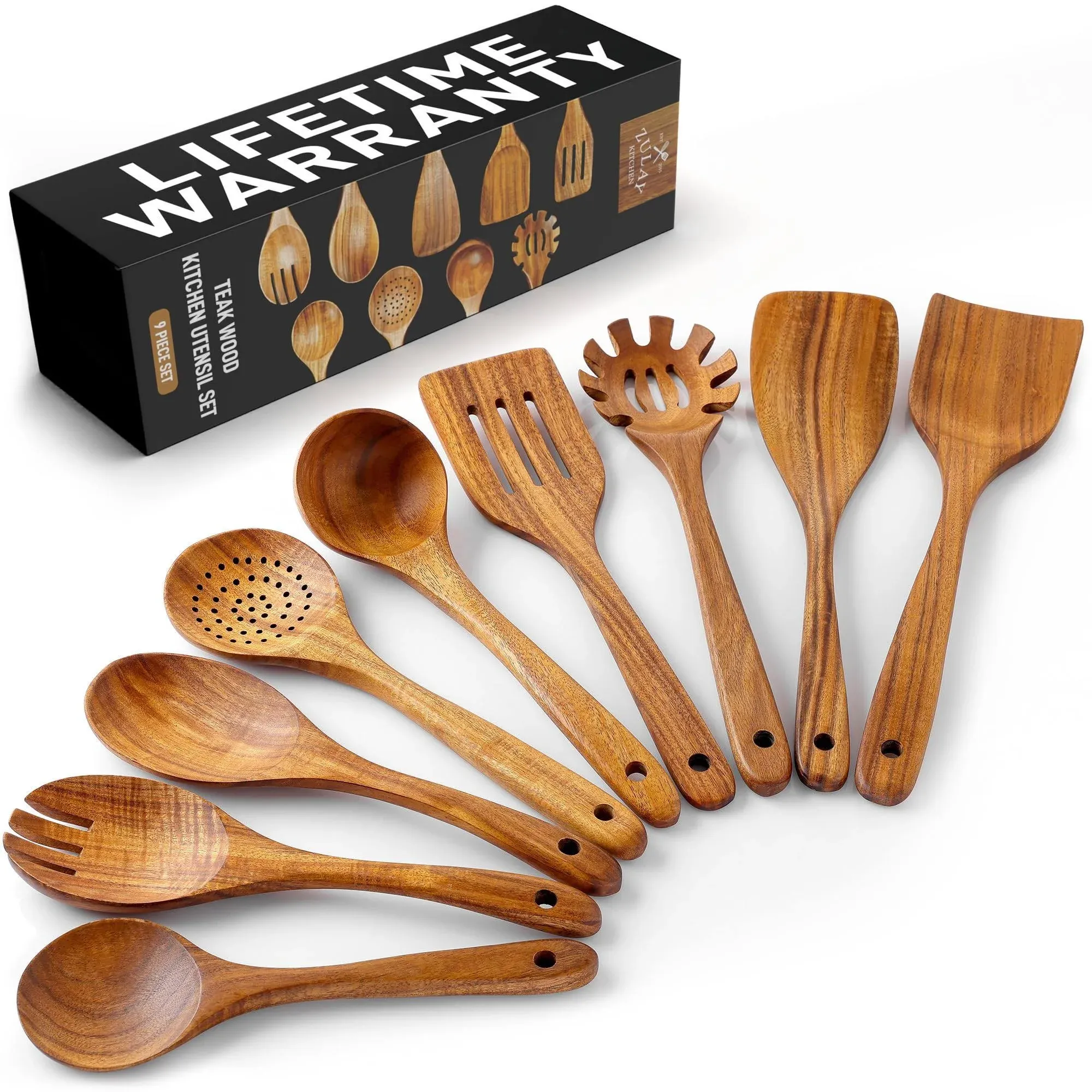 Zulay Kitchen 9-Piece Natural Teak Wooden Utensils for Cooking - Brown