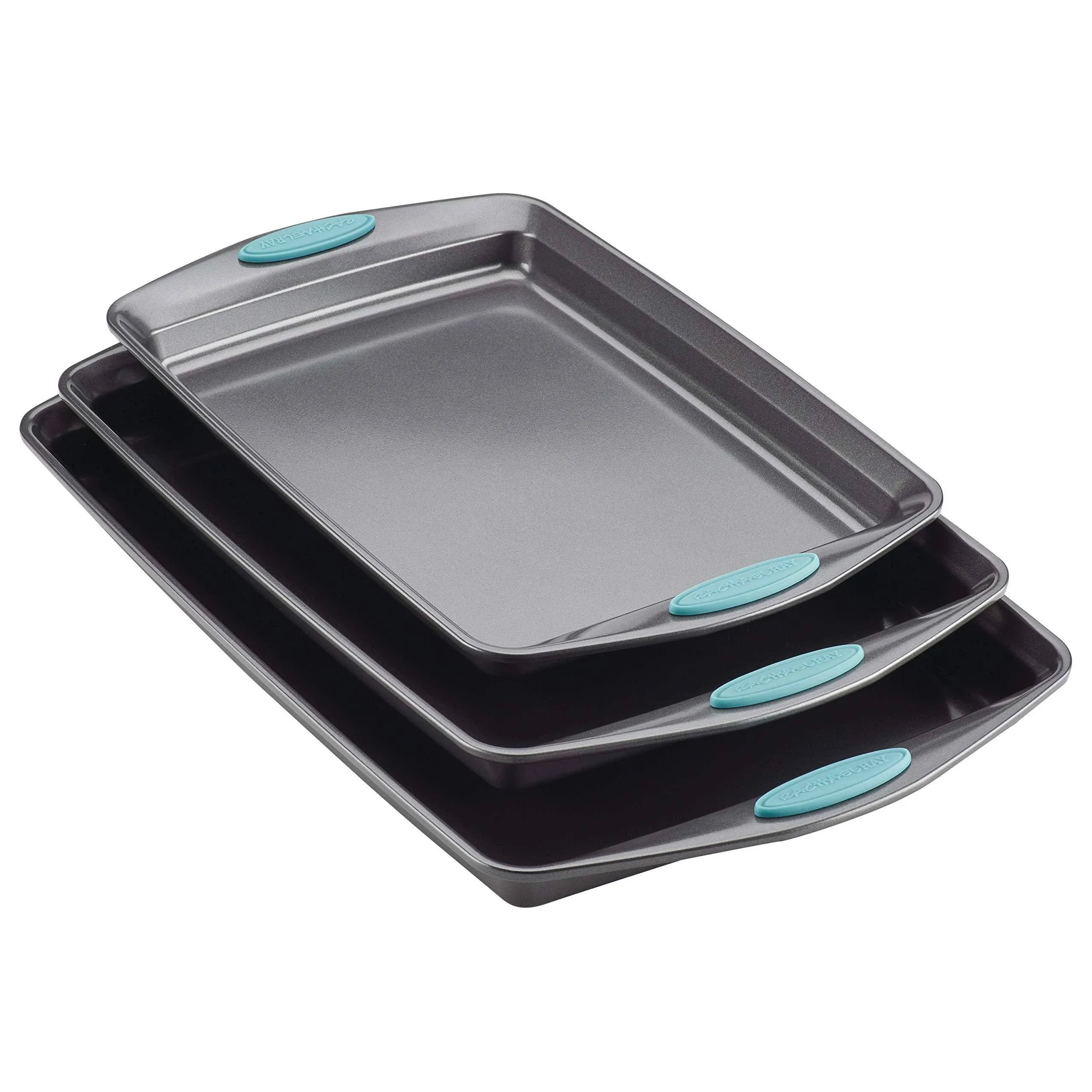 Rachael Ray Nonstick Bakeware Cookie Pan Set, 3-Piece, Gray with Agave Blue Sili