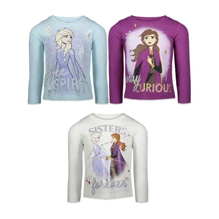 Disney Frozen Elsa Princess Anna Girls 3 Pack Long Sleeve T-Shirts Toddler to Big Kid