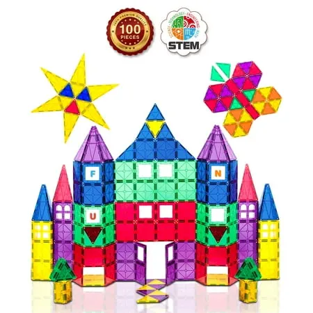 Playmags 100-Piece Magnetic Tiles Building Blocks Set, 3D Magnet Tiles for Kids Boys Girls, Educational STEM Toys for Toddlers…