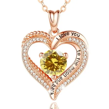 EUDORA November Birthstone Necklace for Women 925 Sterling Silver Rose Gold Heart Shape I Love You to the Moon and Back Pendant Jewelry Gifts for Mother Daughter Sister Nov Yellow Topaz