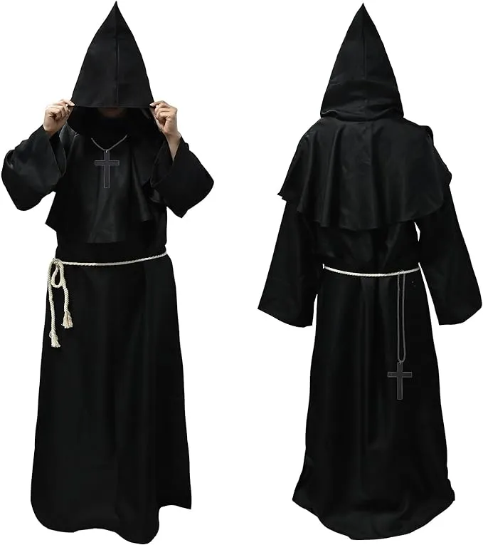 Medieval Hooded Friar Monk Renaissance Priest Robe Costume Cosplay Halloween