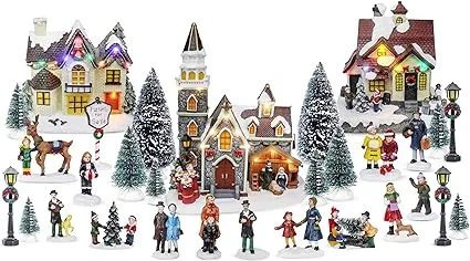 Christmas Village Figurines Decoration Set Perfect Addition to Your Christmas Indoor Decorations & Snow Village Displays (30 Piece Christmas Village Set)