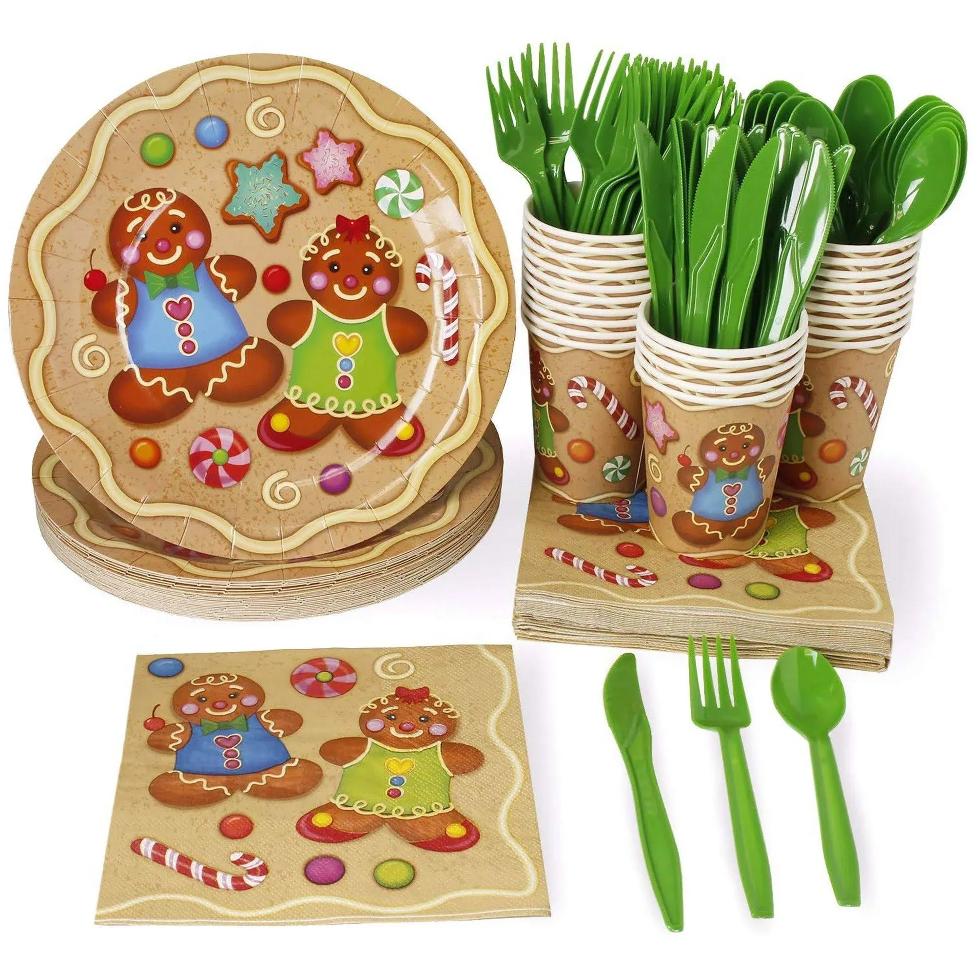 Juvale 144 Piece Gingerbread Paper Plates, Napkins, Cups, Cutlery for Christmas Party