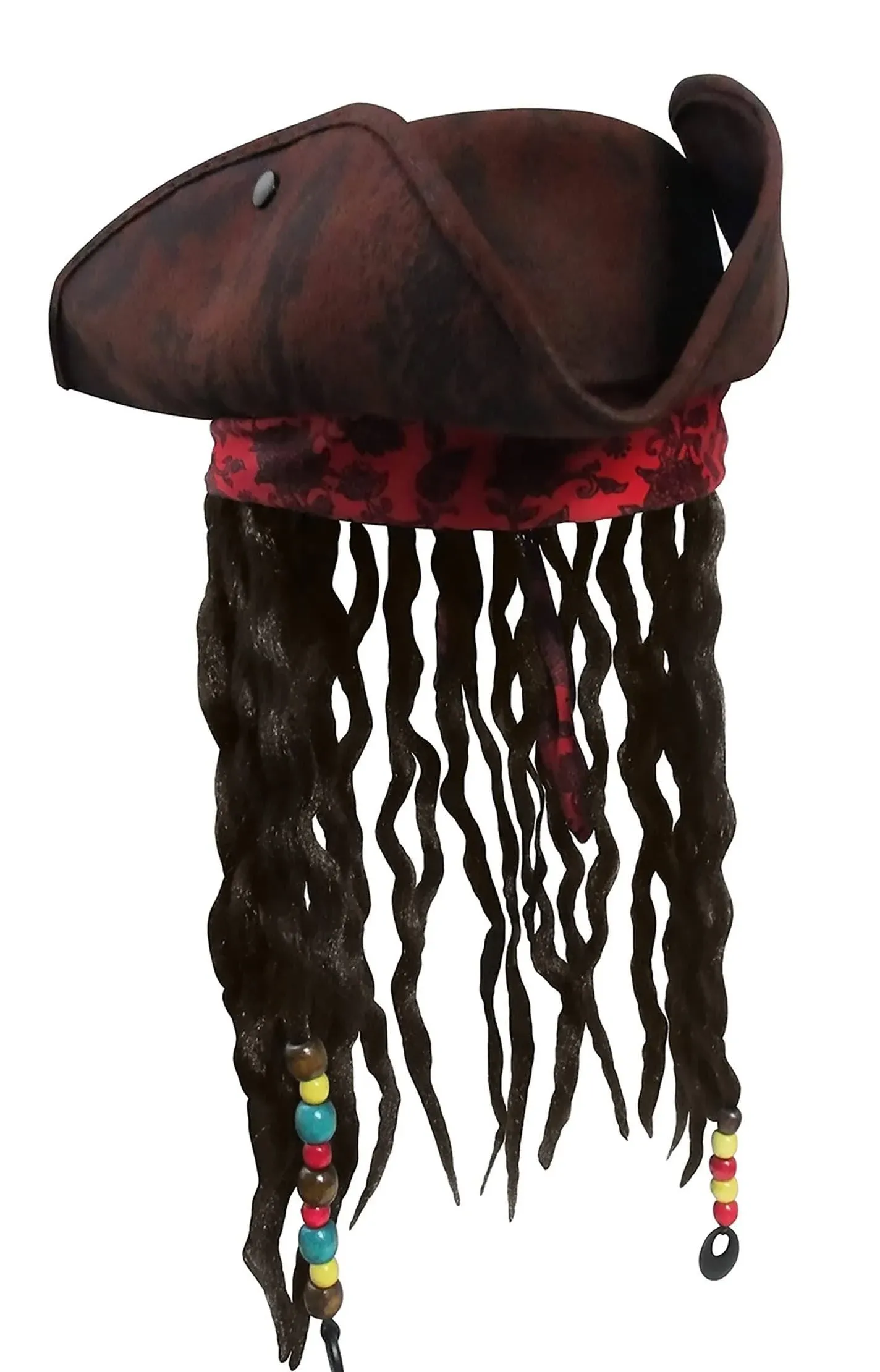 Nicky Bigs Novelties - Kids Pirate Hat with Dreadlocks and Red Band with Floral Filigree - Buccaneer Pirate Wig for Girls and Boys Pirate Costume, Caribbean Pirate Tricorn Hat Accessory, Brown