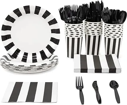 144 Piece Black and White Party Decorations, Striped Birthday Party Supplies Set With Paper Plates, Napkins Cups, and Plastic Cutlery for Birthday, Graduation (Serves 24)