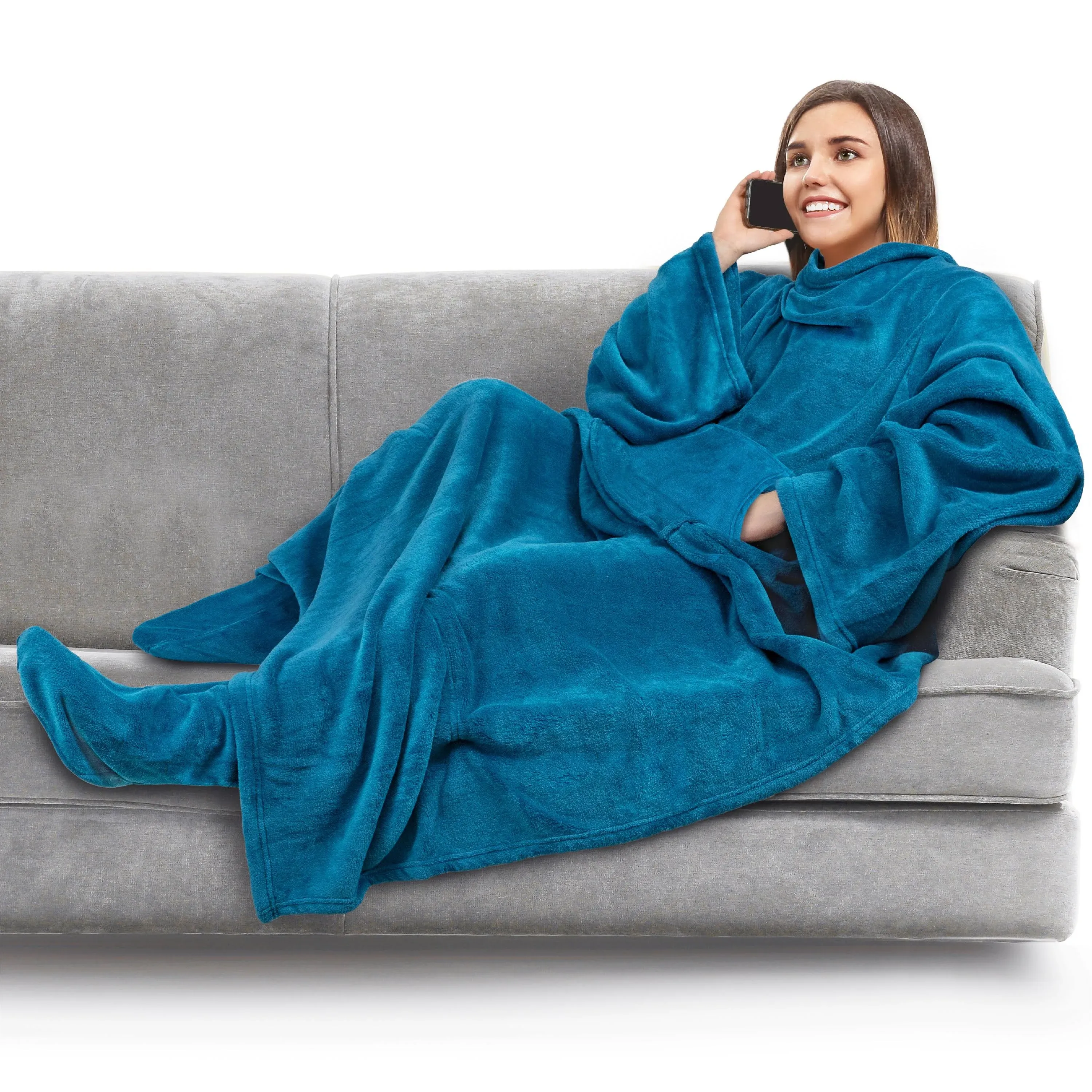 PAVILIA Fleece Blanket with Sleeves and Foot Pockets