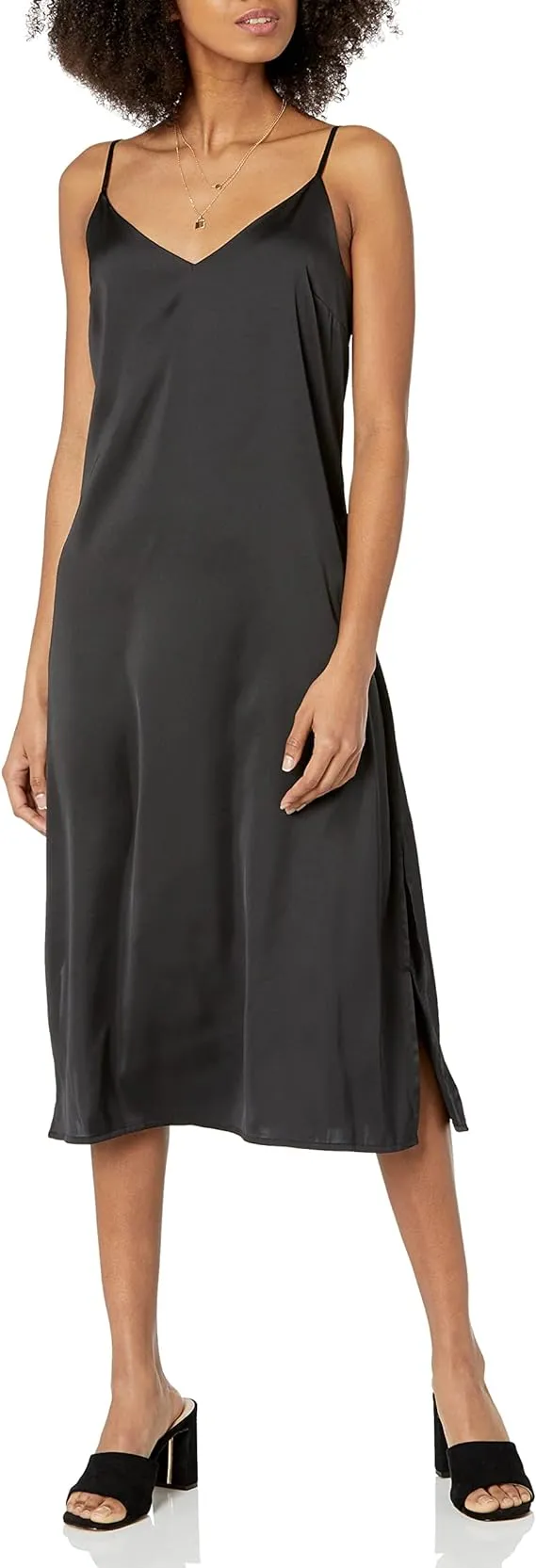 The Drop Sleeveless Black Silky Satin Anna\u200e Midi Slip Dress Size M NWT