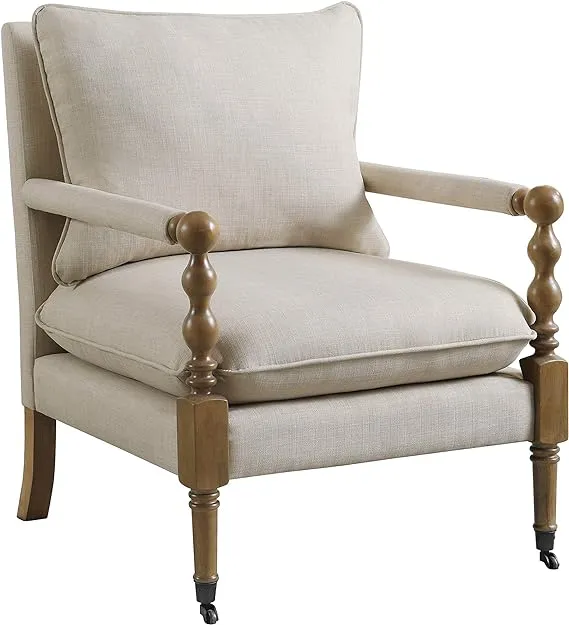 Beige and Dark Oak Upholstered Turned Legs Accent Chair