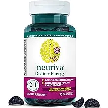 NEURIVA Brain + Energy Gummies, Nootropic Brain Supplements for Focus and Concentration with Neurofactor, Vitamin B12 & Caffeine for an Energy Boost*, 75ct Natural BlackBerry