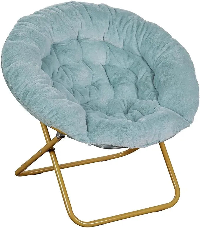 Flash Furniture Gwen Oversize Folding Saucer Chair - Dusty Aqua Faux Fur Moon Chair - Soft Gold Metal Frame - 38" Portable Folding Chair - For Dorm and Bedroom