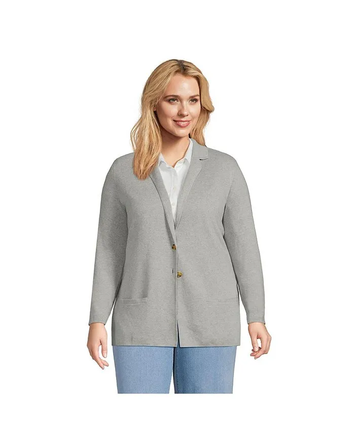 Lands' End Women's Fine Gauge Cotton Button Front Blazer Sweater