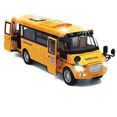 9" Pull Back School Bus,Light Up & Sounds Die-Cast Metal Toy Vehicles with Bright ...