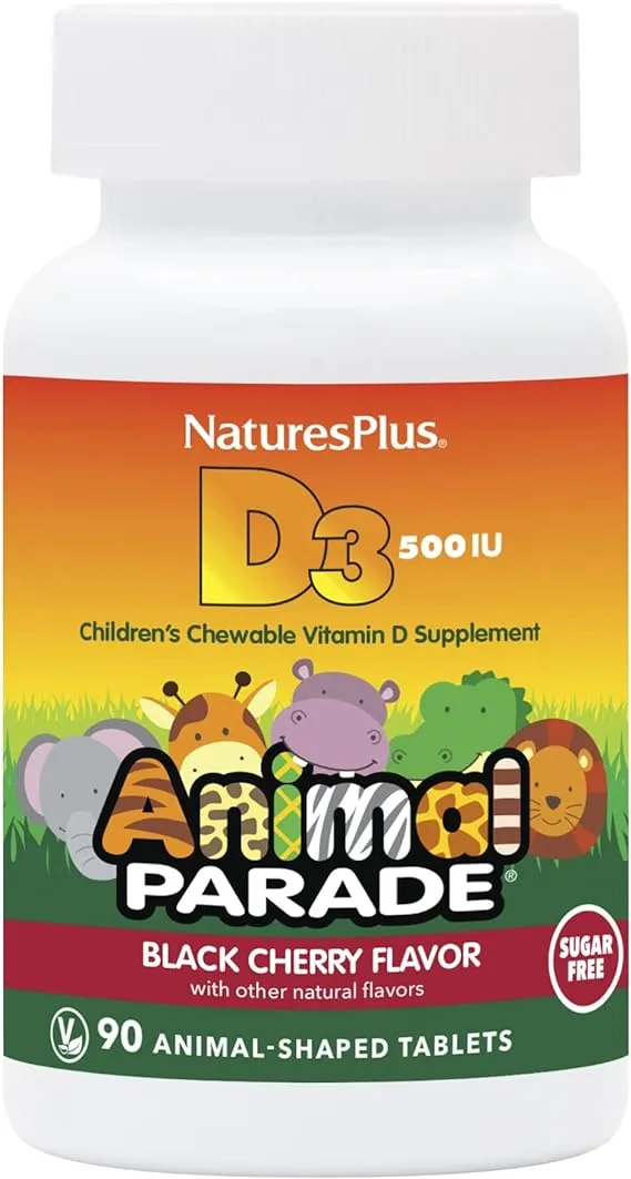 Nature's Plus Animal Parade Sugar-Free Children's Vitamin D3-500 IU - Black Cherry Flavor - 90 Chewable Animal Shaped Tablets - Bone Health & Immune System Support - 90 Servings