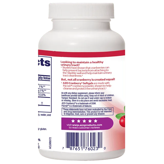 AZO Cranberry Urinary Tract Health Supplement, 1 Serving = 1 Glass of Cranberry Juice, Sugar Free Cranberry Pills, Non-GMO 100 Softgels