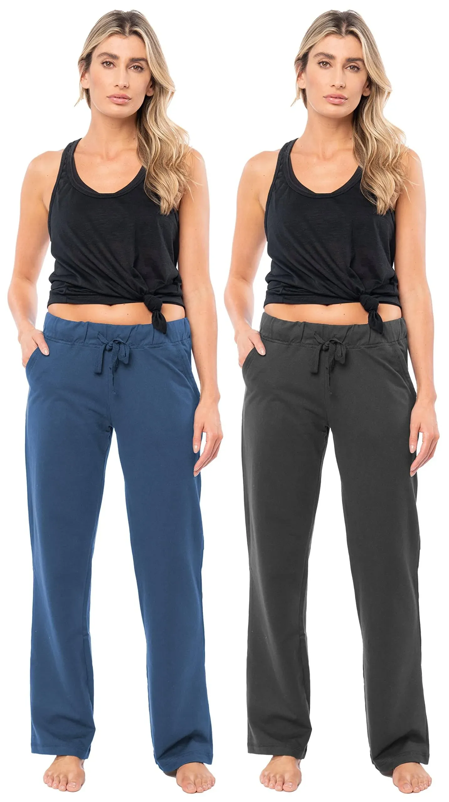 Sexy Basics Women's 2 Pack Ultra Soft French Terry Cotton Drawstring Yoga Lounge Long Pants