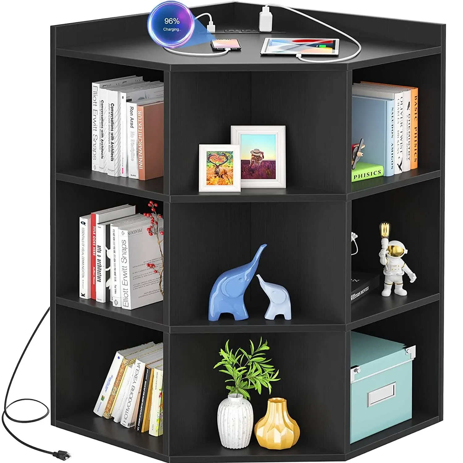 Corner Cabinet, Black Corner Storage with USB Ports and Outlets, Corner Cube Toy