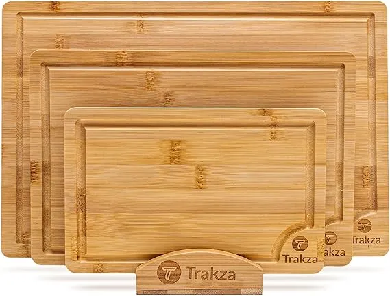 TRAKZA Bamboo Cutting Board Set - Durable Kitchen Cutting Boards for Chopping Fruit, Meat, Cheese, Veggies - Deep Juice Grooves, Side Handles, Easy