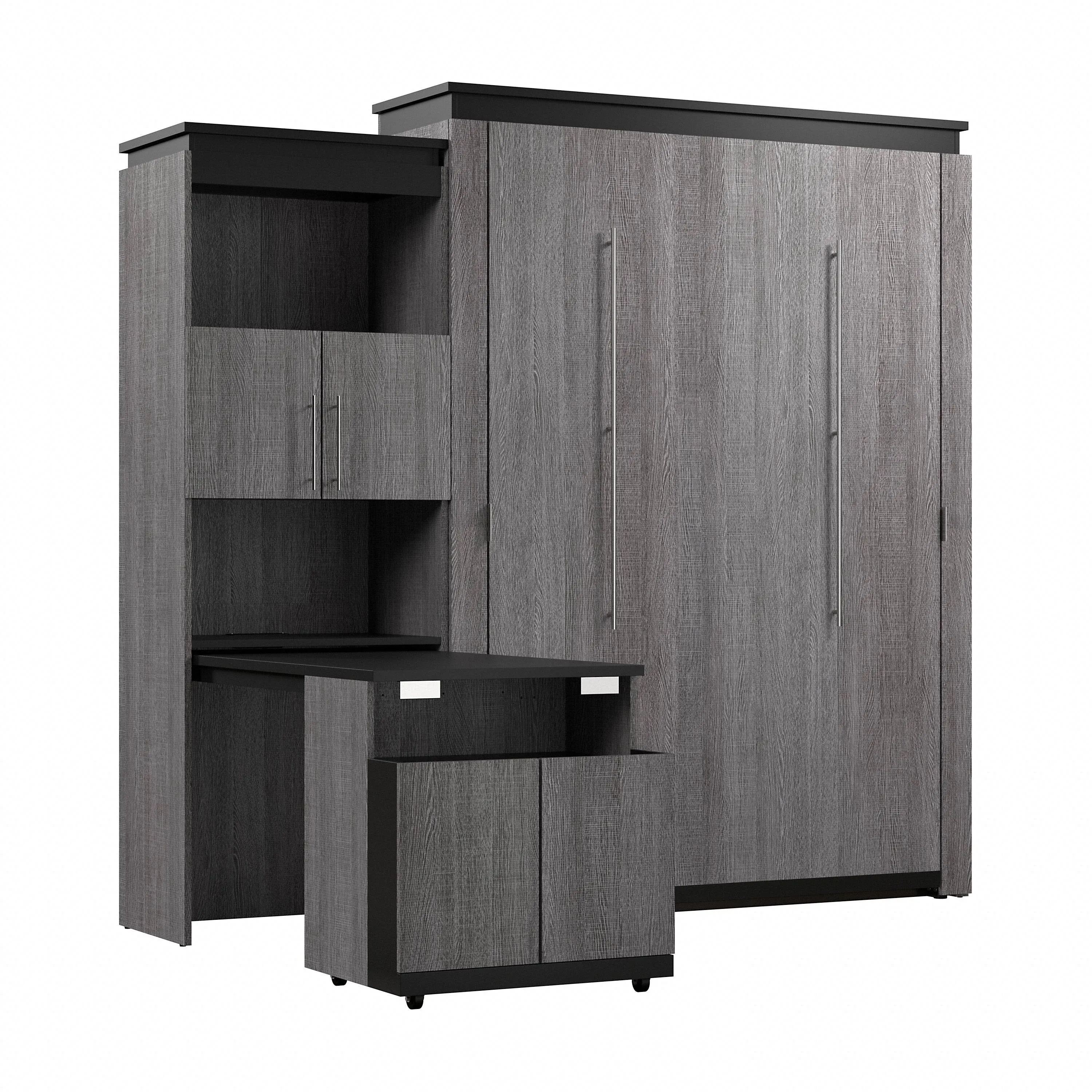 Bestar Orion Full Murphy Bed with Shelves and Storage Cabinet with Fold-Out Desk (120W) in Bark Grey and Graphite, Sleeping Arrangement with Work Surface