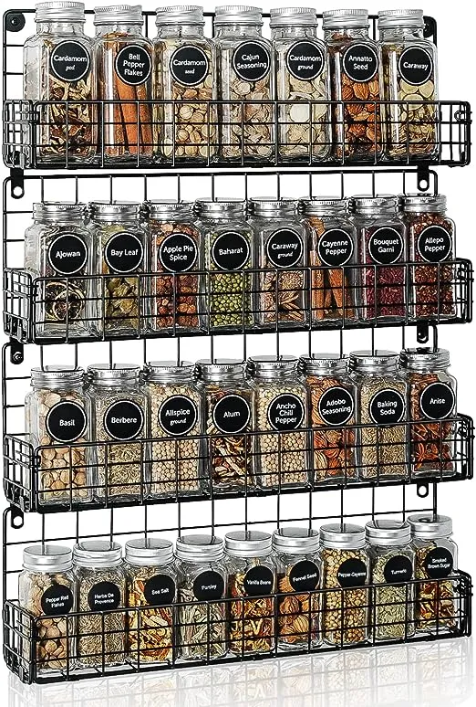 X-cosrack Spice Rack Organiser Wall Mounted 4-Tier Stackable Black Iron Wire Hanging Spice Shelf Storage Racks,Great for Kitchen and Pantry Storing