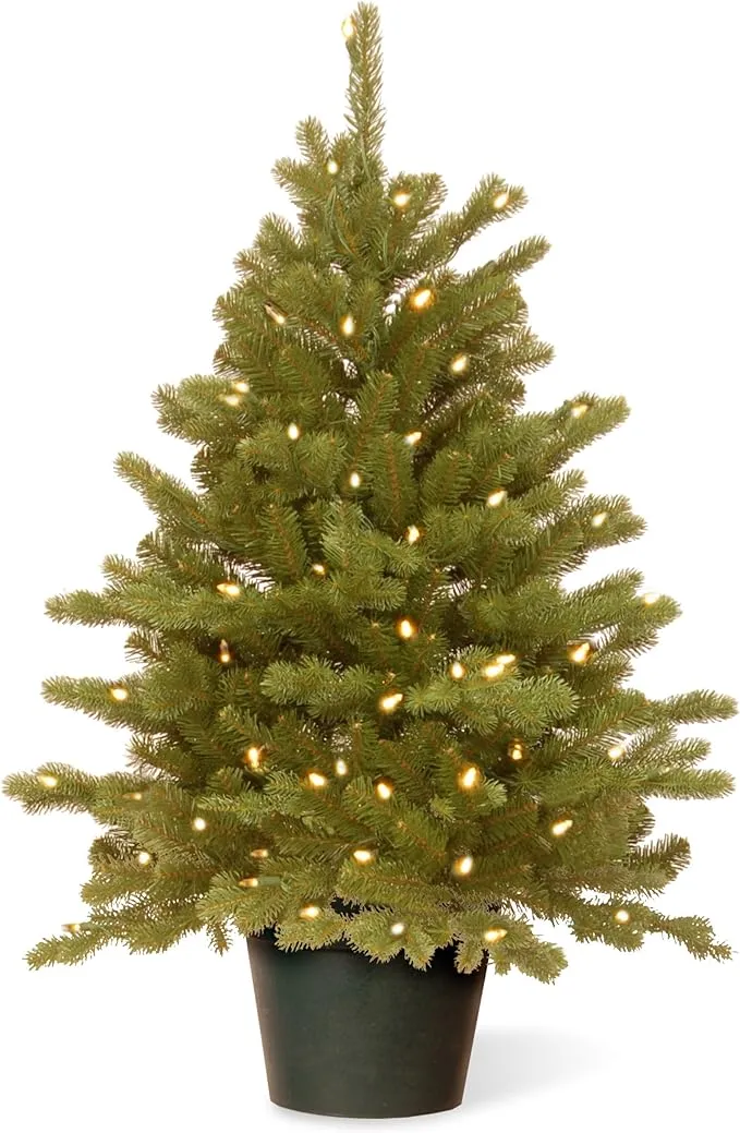 "National Tree 3' Feel Real(R) Hampton Spruce Small Wrapped Tree in Growers Pot with 100 Clear Lights"