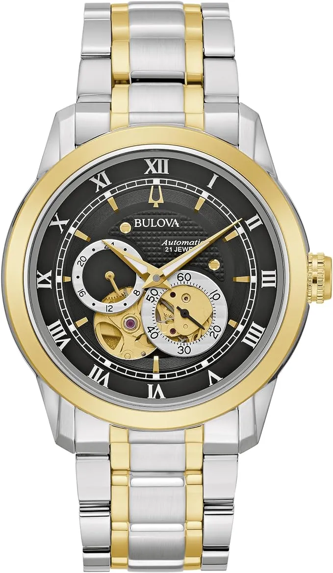 Bulova Men's Classic Sutton 4-Hand Automatic Watch, 24-Hour Sub Dial, Open Aperture, Self-Winding, Exhibition Caseback, Double Curved Mineral Crystal, Luminous Hands, 42mm