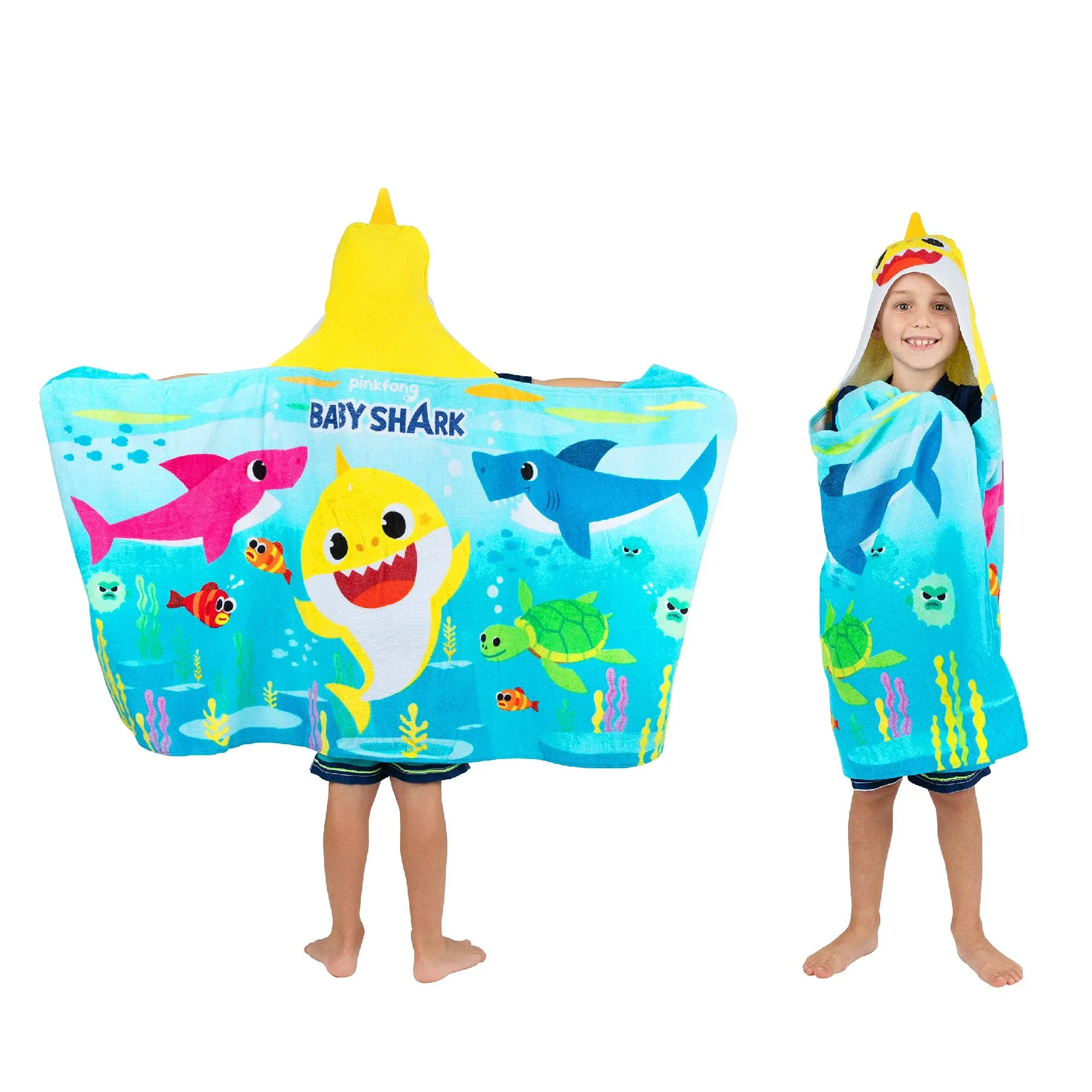 Baby Shark Kids Hooded Cotton Beach, Bath Towel Wrap, 24&#034; X 50&#034;