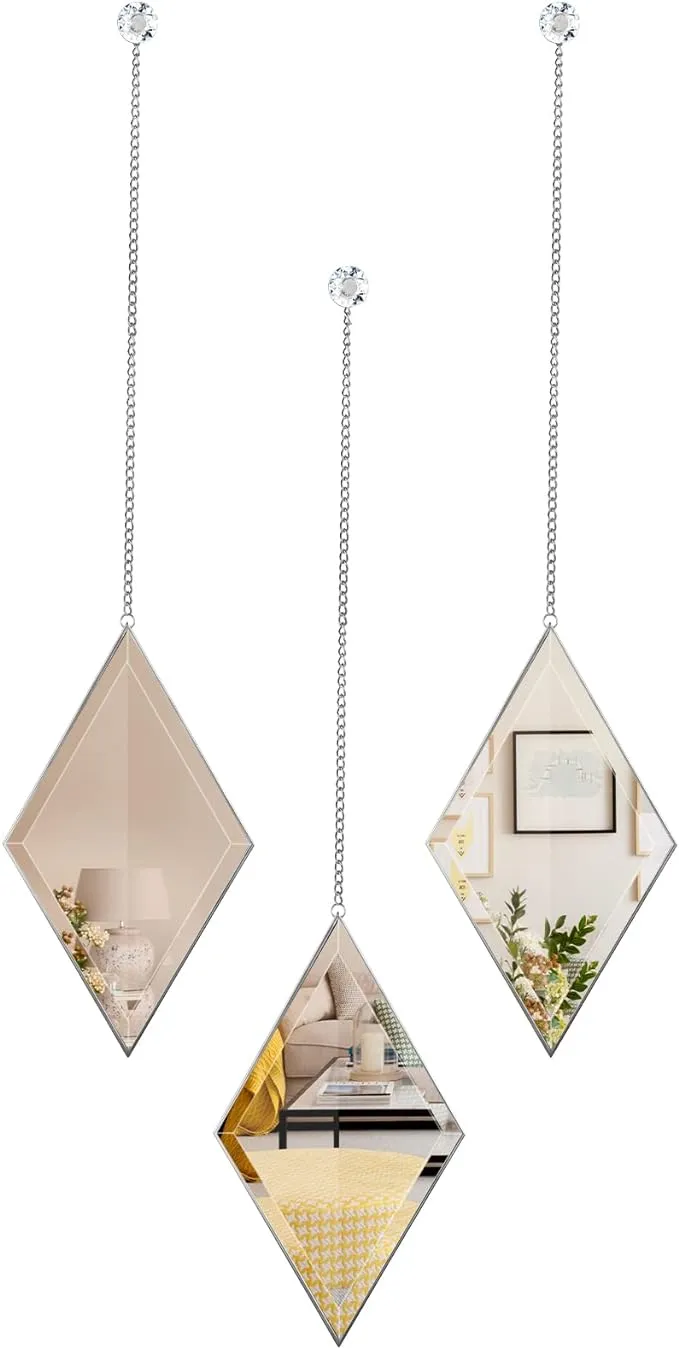 PHOSPHOR Decor Wall Mirrors, Set of 3 PCS Home Decor Silver Mirror with Hanging Chain, Classic and Elegant Large Wall Mirrors for Living Room Wall Decor