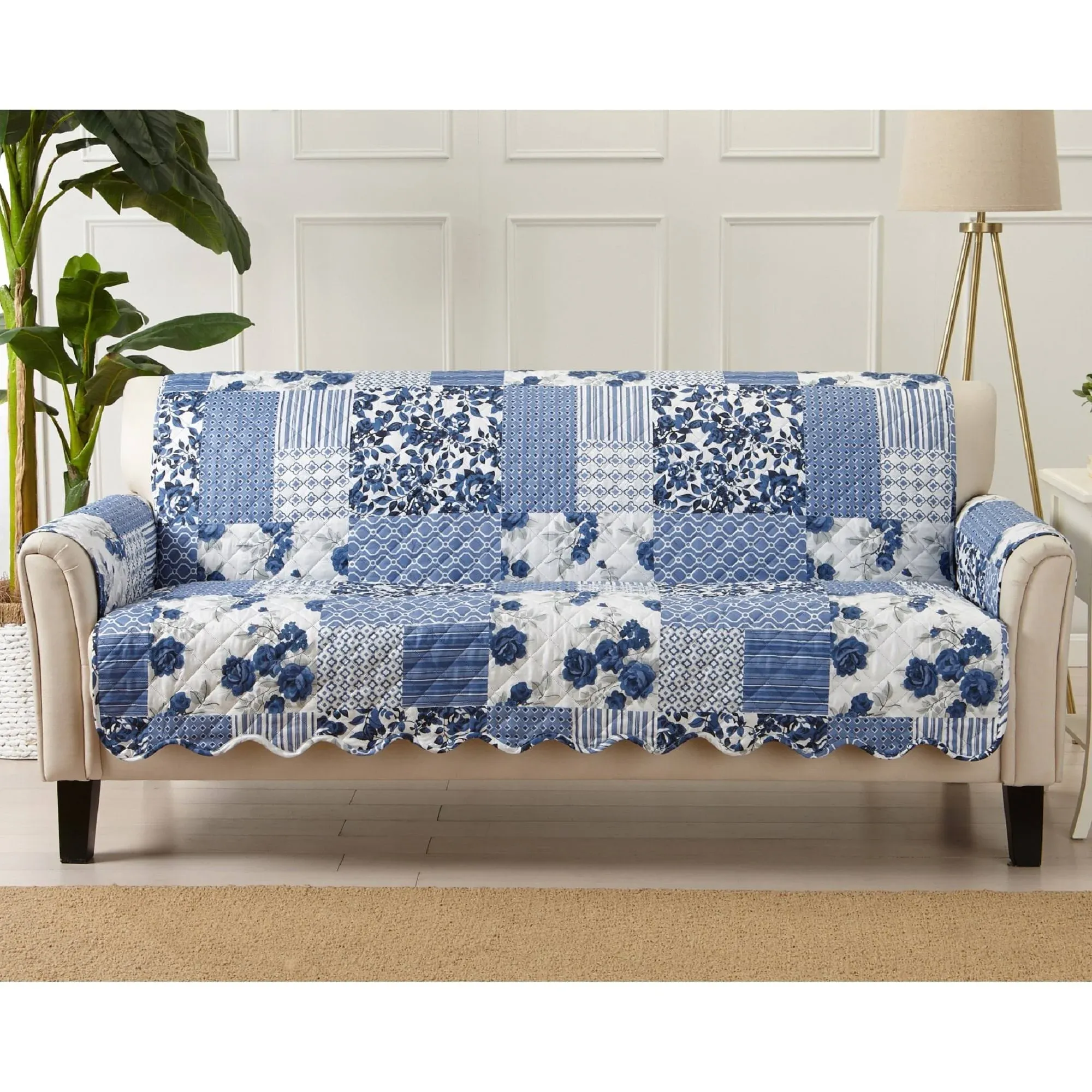 Great Bay Home Patchwork Scalloped Printed Sofa Protector - Navy