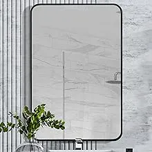 Black Bathroom Wall Mirror, 20x30 Inch Vanity Mirror, Brushed Matte Black Aluminum Alloy Metal Frame Rounded Corner Rectangular Mirror for Modern Farmhouse Home Decor