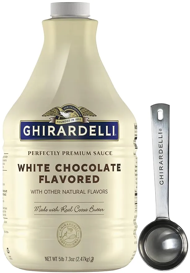 Ghirardelli Salsa con sabor a chocolate blanco botella de 87.3 onzas con cuchara barista estampada Ghirardelli